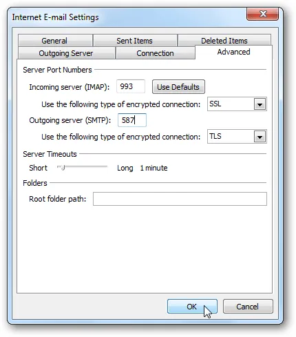 Thiết lập cổng và mã hóa SSL/TLS cho cả máy chủ thư đến và thư đi