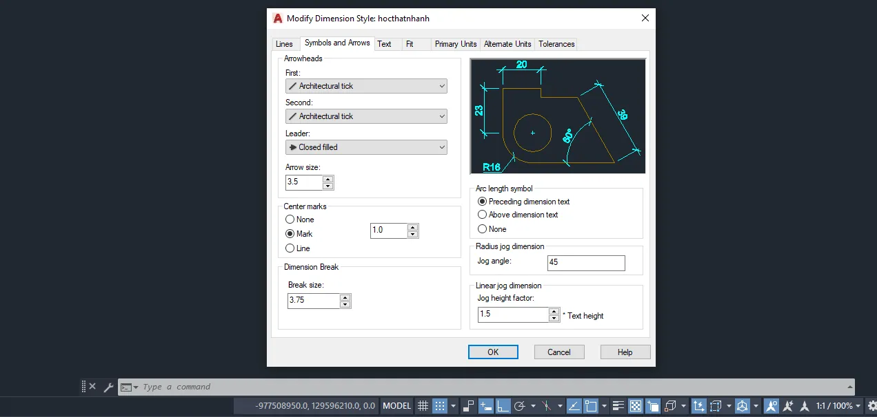 Thiết lập đầu mũi tên và điểm tâm trong thẻ Symbols and Arrows khi cài đặt kích thước