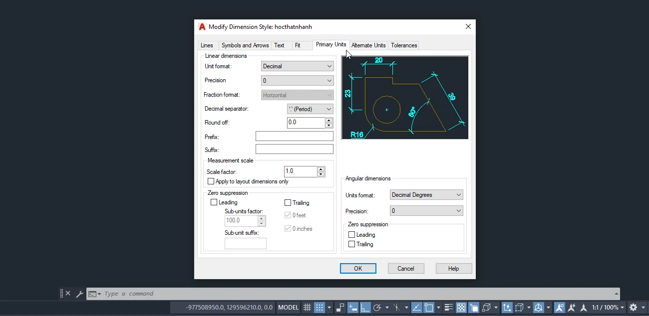 Thiết lập định dạng đơn vị và độ chính xác trong thẻ Primary Units