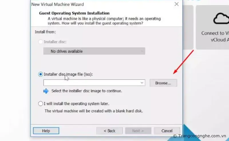 Thiết lập đường dẫn đến file ISO Windows 7 để cài đặt trên VMware