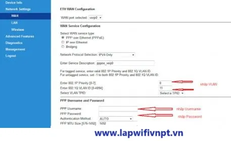 Thiết lập kết nối WAN (PPPoE) và VLAN ID trong trang cấu hình modem VNPT