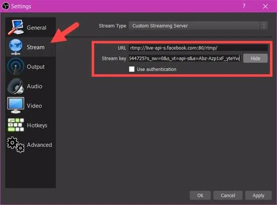 Thiết lập khóa luồng (Stream Key) và máy chủ trên OBS