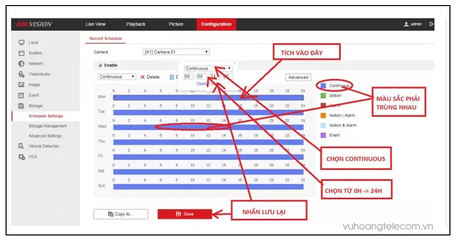 Thiết lập lịch trình ghi hình liên tục (Record Schedule Continuous).