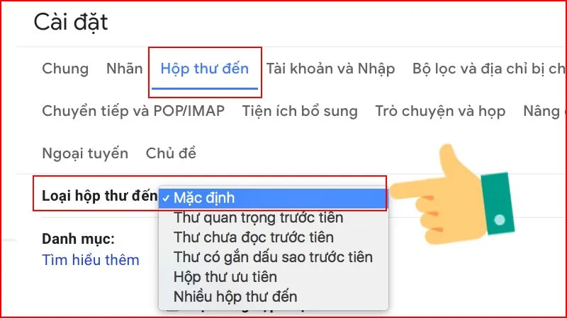 Thiết lập Loại hộp thư đến về Mặc định và chọn phân loại Mạng xã hội để lọc thư Facebook
