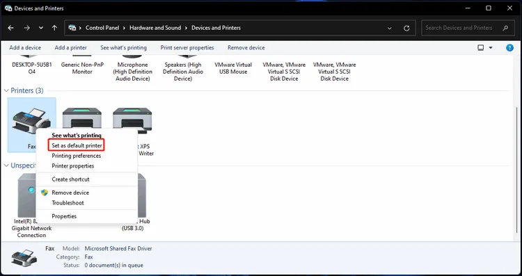 Thiết lập máy in mặc định qua giao diện Control Panel