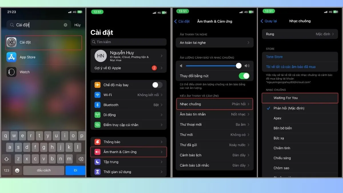 Thiết lập nhạc chuông mới trong cài đặt Âm thanh và Cảm ứng của iPhone