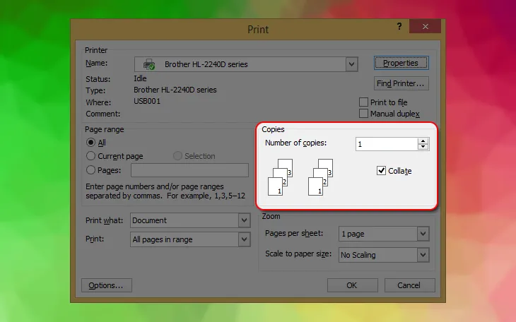 Thiết lập số lượng bản in (Copies) cần thiết trong hộp thoại in