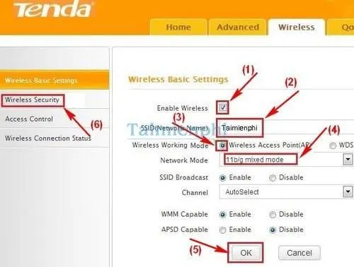Thiết lập tên mạng SSID và chuẩn mạng 802.11b/g/n cho Tenda W311R