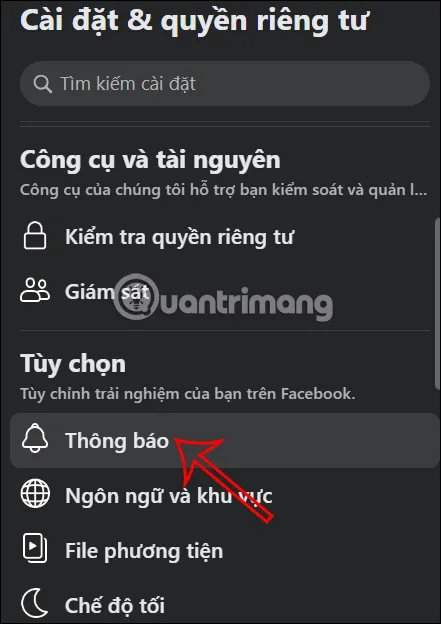 Thiết lập Thông báo trên thanh điều hướng bên trái Facebook máy tính