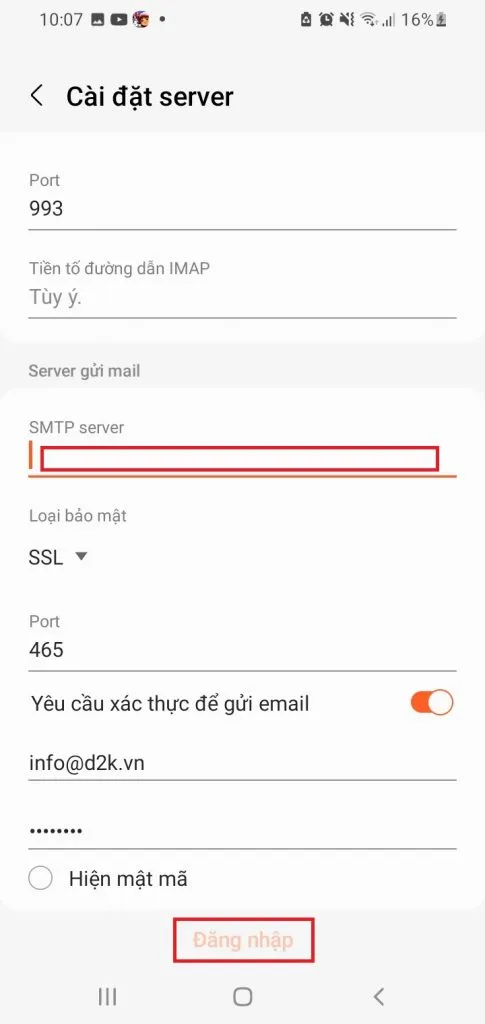 Thiết lập thông số máy chủ gửi thư (Outgoing SMTP Server) và xác thực để hoàn tất cấu hình email