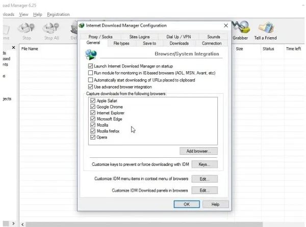 Thiết lập tùy chọn General trong IDM để bật tính năng Use advanced browser integration