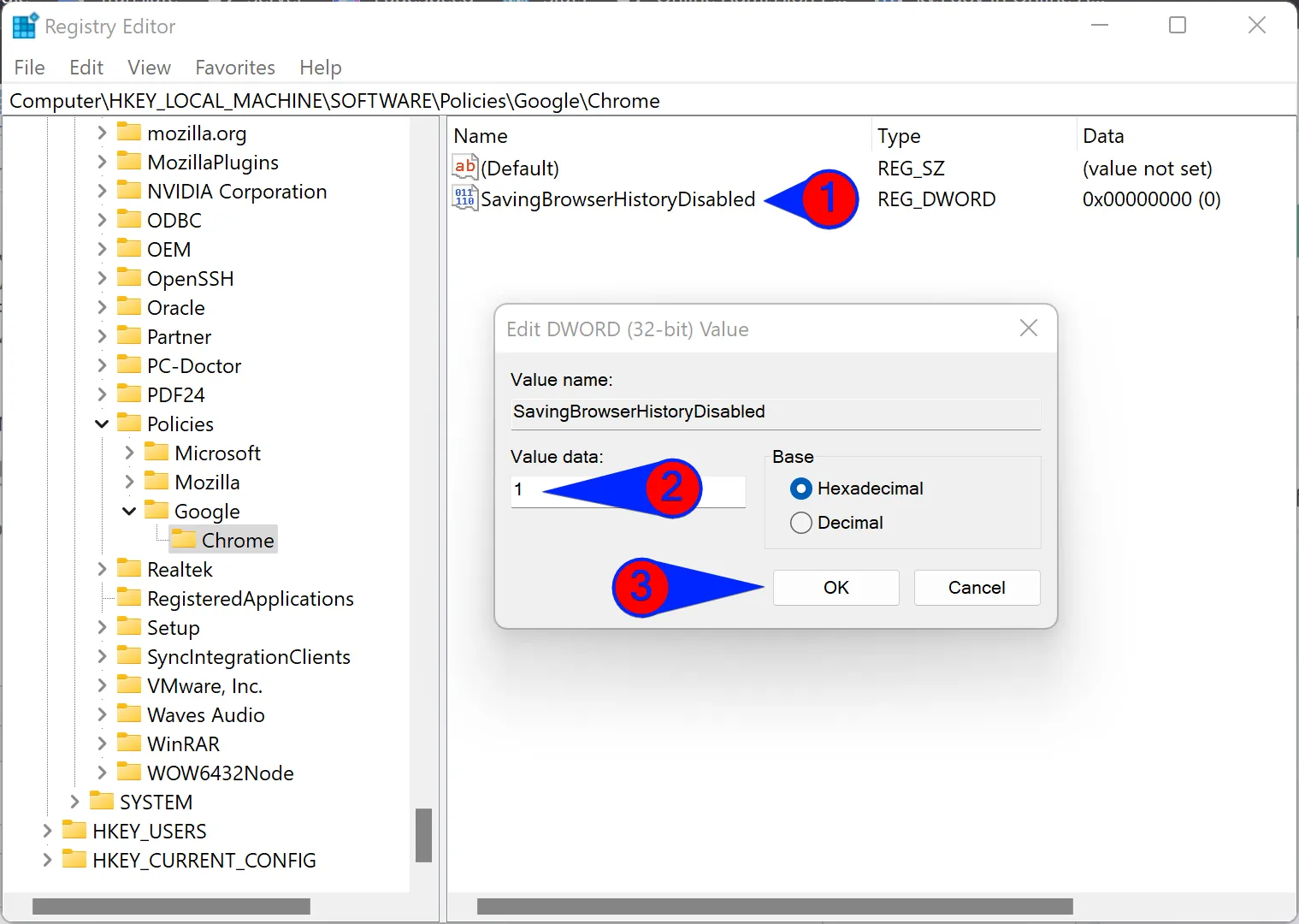 Thiết lập Value data của SavingBrowserHistoryDisabled thành 1 để chặn lưu lịch sử duyệt web