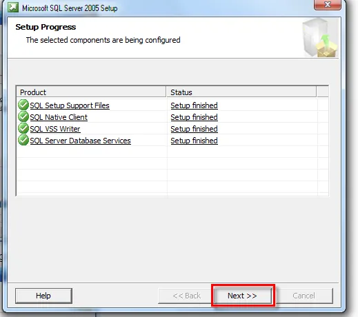 Thông báo cài đặt SQL Server 2005 thành công, nhấn Next