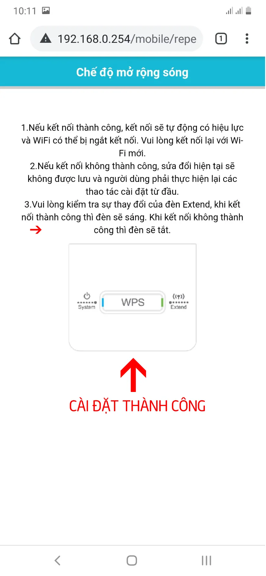 Thông báo cài đặt thành công trên màn hình điện thoại