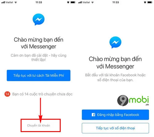 Thông báo chuyển sang giao diện đăng nhập khi phiên Messenger đã bị xóa bỏ