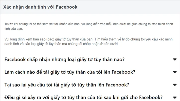 Thông báo của Facebook về việc gửi thông tin xác nhận danh tính