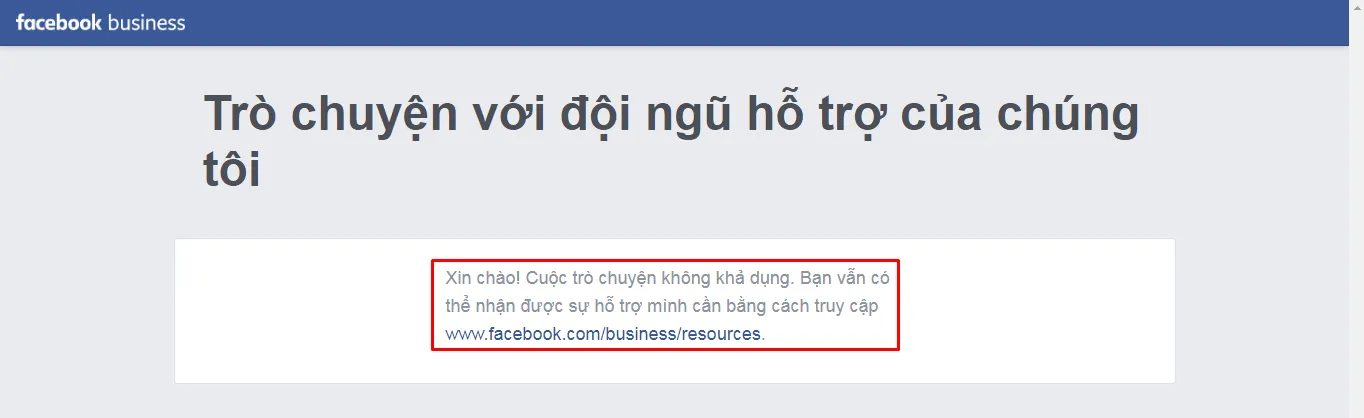 Thông báo cuộc trò chuyện không khả dụng khi cố gắng liên hệ với đội ngũ facebook chat support
