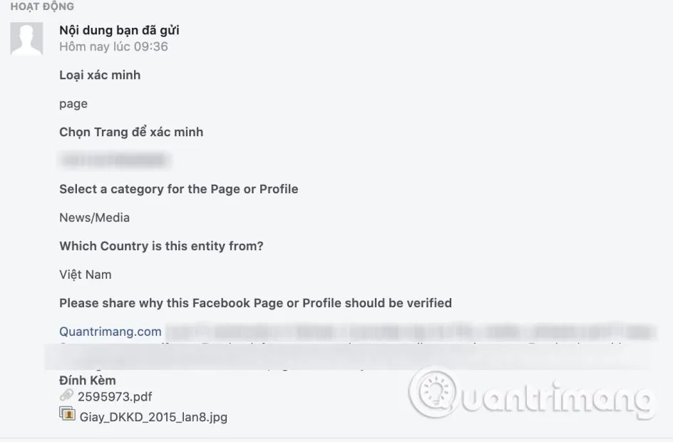 Thông báo đã nhận yêu cầu cấp tích xanh fanpage