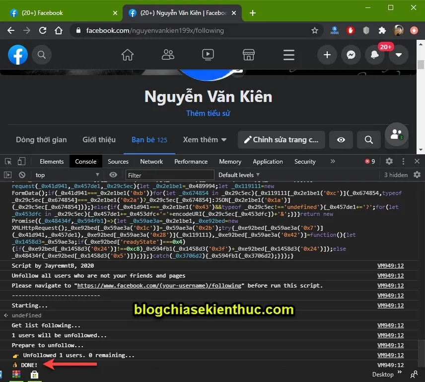 Thông báo 'Done' khi script hủy người theo dõi trên facebook hoàn tất