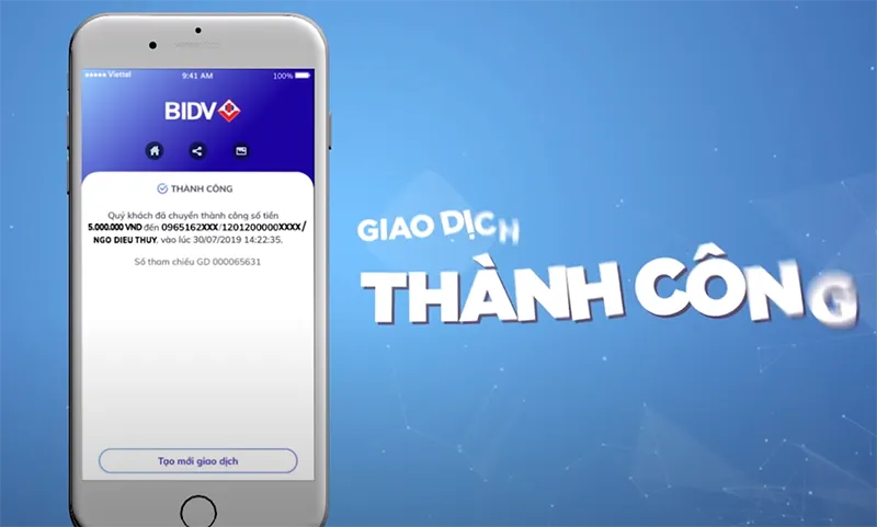 Thông báo giao dịch chuyển tiền qua BIDV Smart OTP thành công