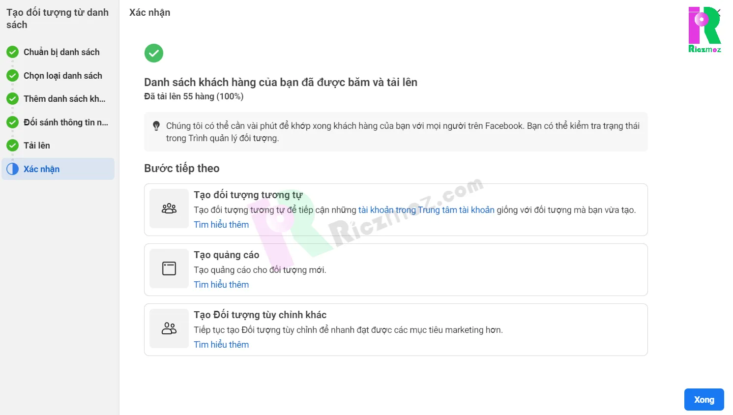 Thông báo hoàn tất băm tệp danh sách khách hàng cho chiến dịch quảng cáo Facebook