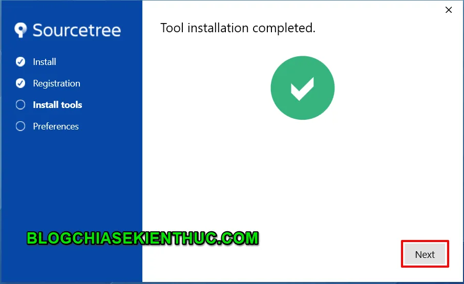 Thông báo hoàn tất cài đặt các công cụ cần thiết cho SourceTree