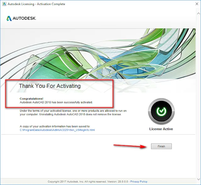 Thông báo kích hoạt thành công phần mềm AutoCAD 2018, nhấn Finish