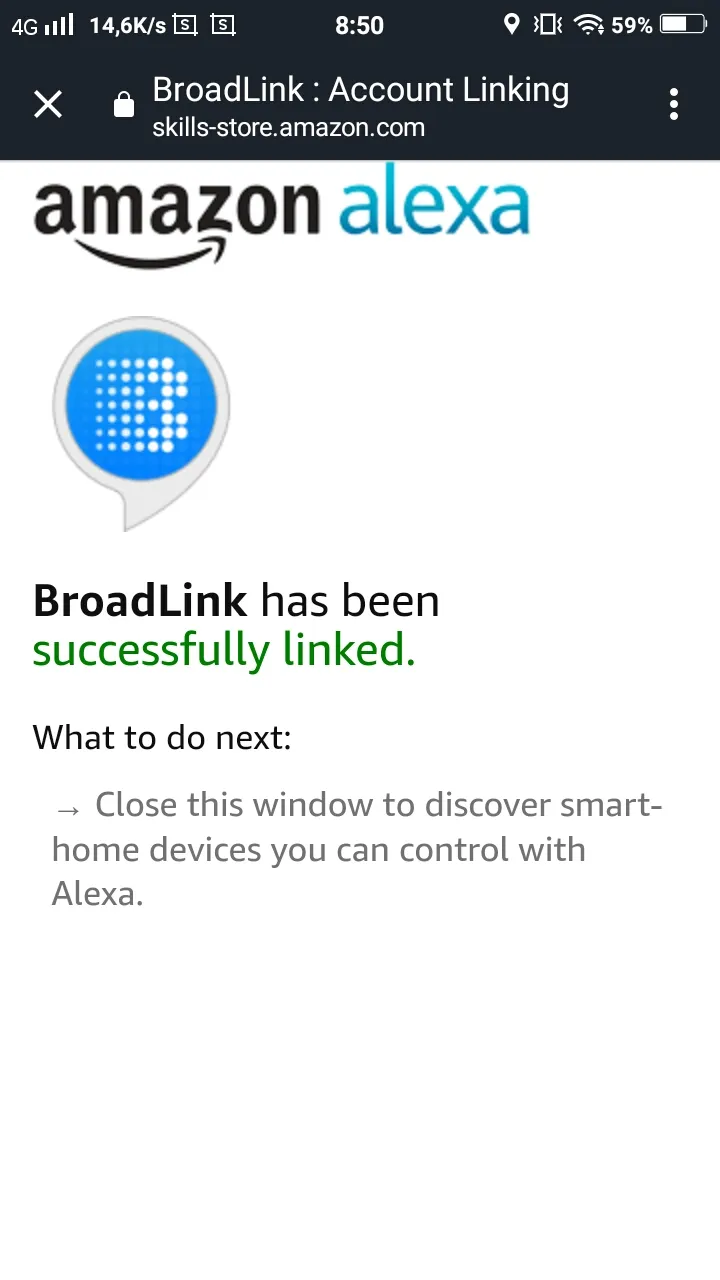 Thông báo liên kết tài khoản BroadLink và Amazon Alexa thành công