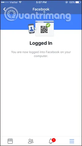 Thông báo Logged In trên điện thoại sau khi đăng nhập Facebook web thành công