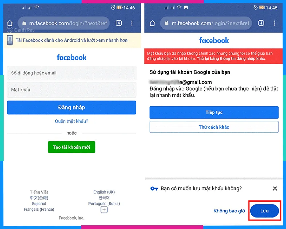 Thông báo lưu mật khẩu Facebook trên trình duyệt Chrome Android