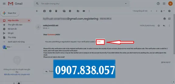 Thông báo mã xác nhận đã được gửi về Email hoặc Số điện thoại đăng ký