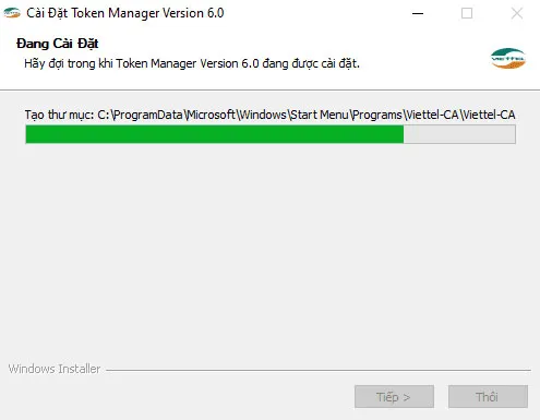 Thông báo quá trình cài đặt phần mềm chữ ký số viettel-CA Token Manager đã thành công