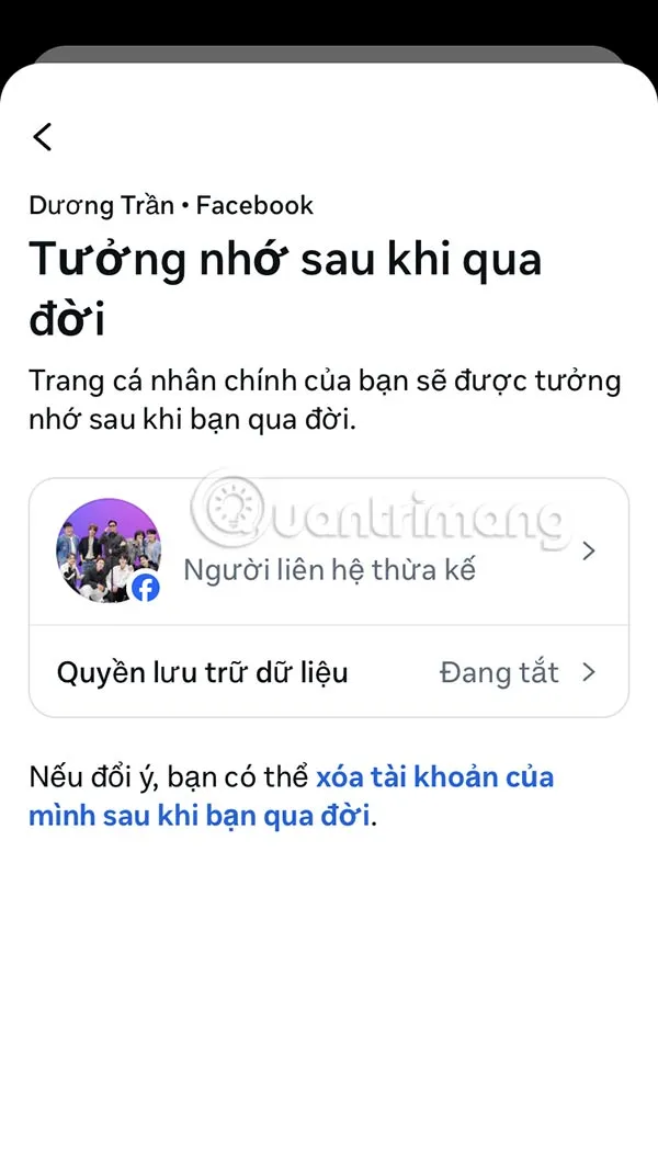 Thông báo tài khoản kế thừa Facebook đã được chọn
