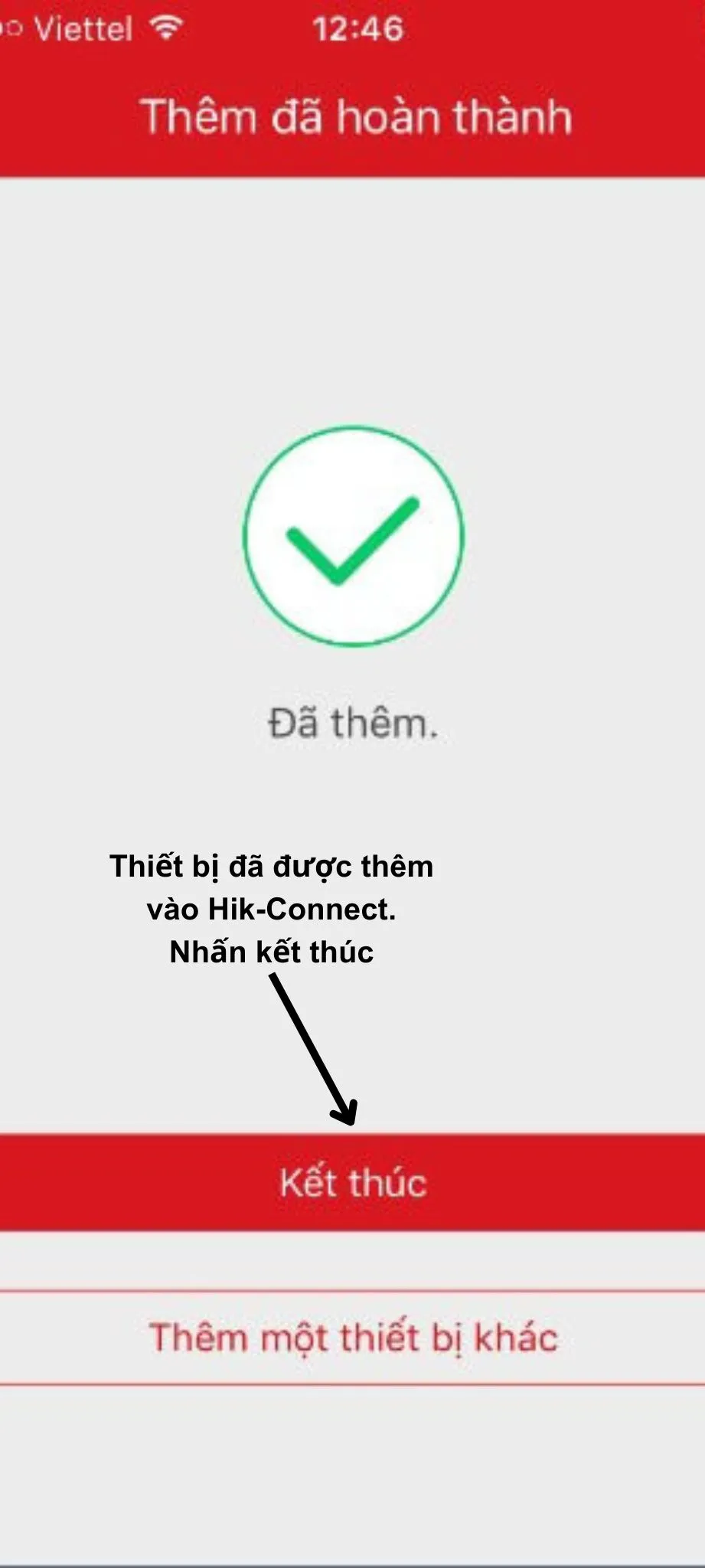 Thông báo Thêm thiết bị hoàn thành sau khi cài đặt camera trên Hik-Connect