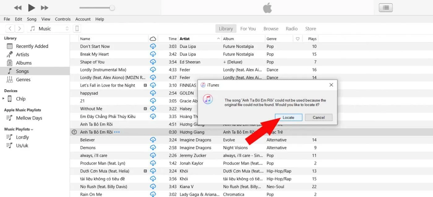 Thông báo tìm kiếm file nhạc chuông đã được đổi tên