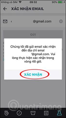 Thông báo xác nhận đã gửi email xác nhận tài khoản V LIVE, một bước bổ sung để bảo mật quá trình tải video