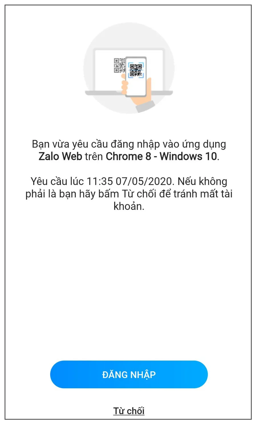 Thông báo xác nhận đăng nhập Zalo trên thiết bị lạ, bước cuối cùng để xem trộm tin nhắn