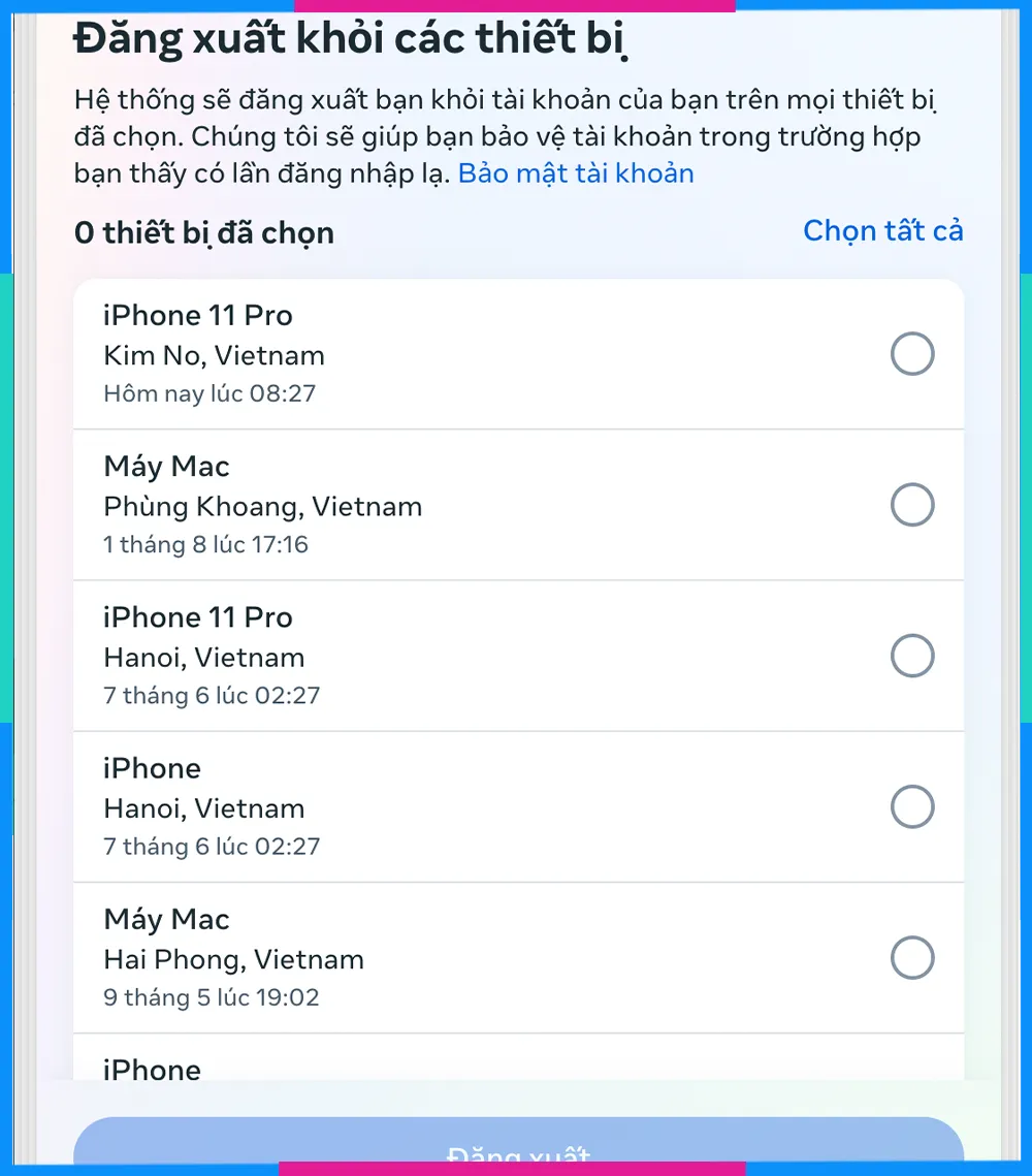 Thông báo xác nhận Đăng xuất thành công khỏi các thiết bị đã chọn