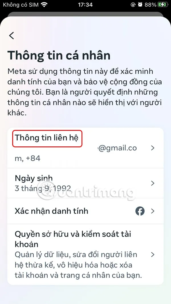 Thông tin liên hệ Facebook