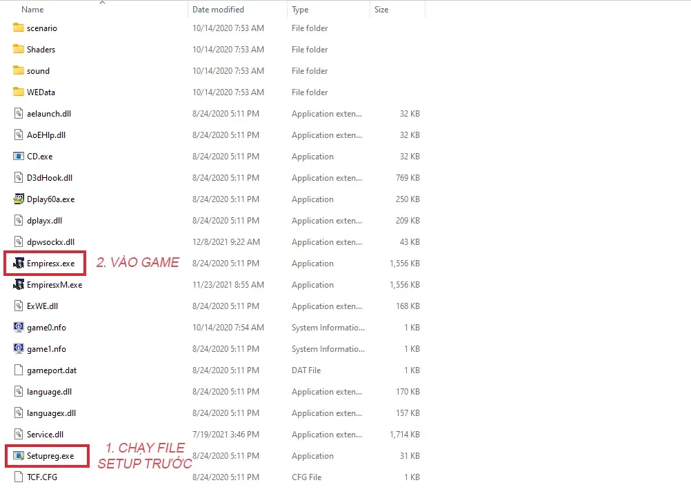 Thư mục game Đế Chế sau khi giải nén, cần chạy Setupreg.exe.