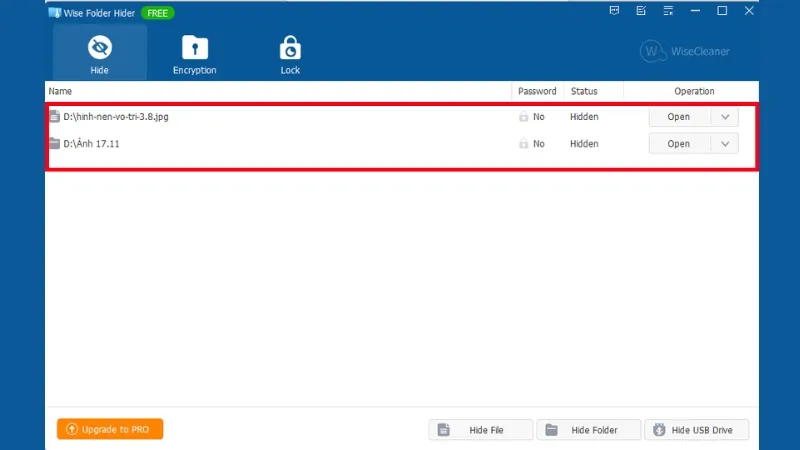 Thư mục sẽ bị ẩn khỏi File Explorer và chỉ hiện khi mở phần mềm Wise Folder Hider
