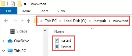 Thư mục wwwroot chứa các file của Default Web Site sau khi cài IIS