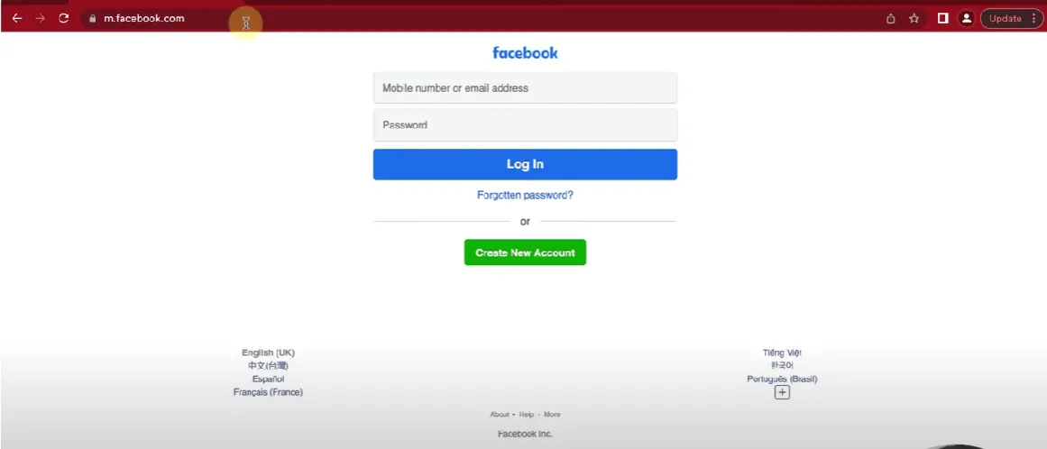 Thực hiện đăng nhập tài khoản Facebook trên trình duyệt m.facebook.com