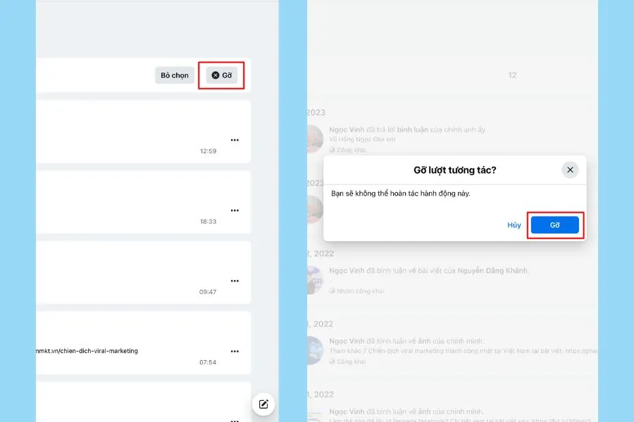 Thực hiện Gỡ bình luận sau khi đã chọn lọc tất cả trong bảng quản lý tương tác
