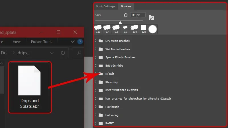 Thực hiện kéo thả file brush .ABR vào bảng Brush Presets
