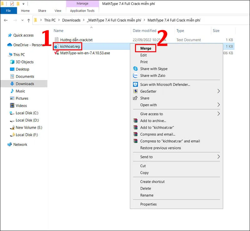 Thực hiện Merge file kichhoat.reg để crack MathType