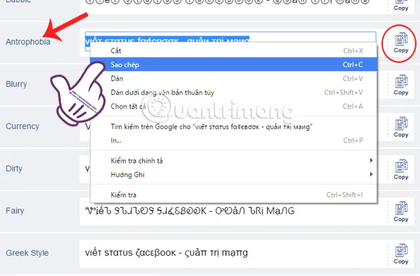 Thực hiện sao chép font chữ đã chọn để đăng lên Facebook
