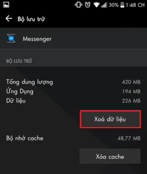 Thực hiện thao tác xóa dữ liệu để đăng xuất khỏi ứng dụng Messenger trên Android
