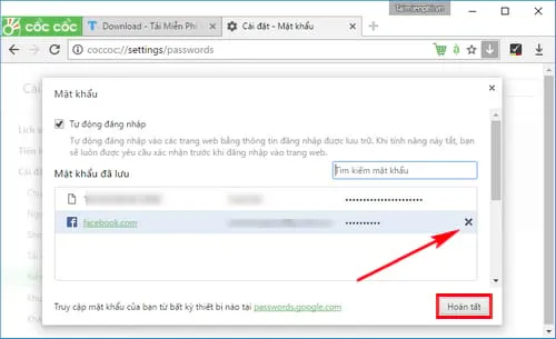 Thực hiện thao tác Xóa mật khẩu Facebook đã lưu trên Cốc Cốc