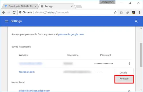 Thực hiện thao tác Xóa (Remove) mật khẩu Facebook đã lưu